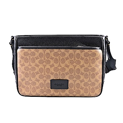 COACH杏棕色C Logo PVC黑邊皮飾方型斜背男包
