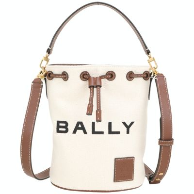 BALLY AKELEI 字母壓花皮標帆布束口手提/斜背水桶包(米白)