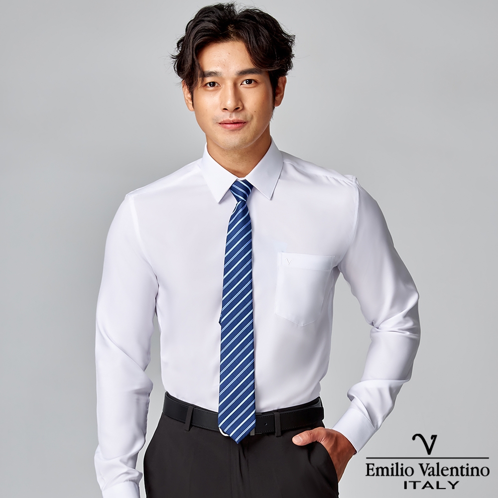 Emilio Valentino 范倫提諾修身彈性素面長袖襯衫-兩色任選 (白)