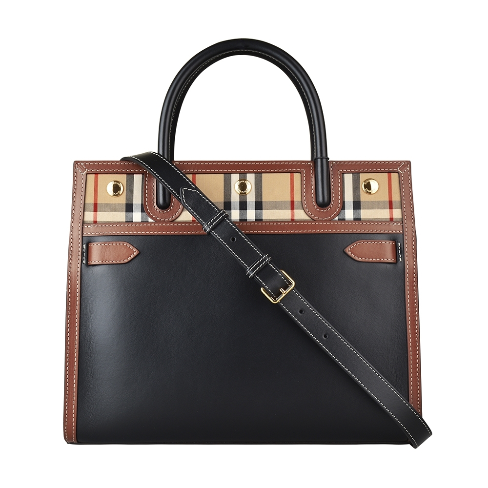 BURBERRY 巴寶莉  TITLE金字LOGO鉚釘小牛皮拼格紋帆布手提肩背包(小/黑x米格子)