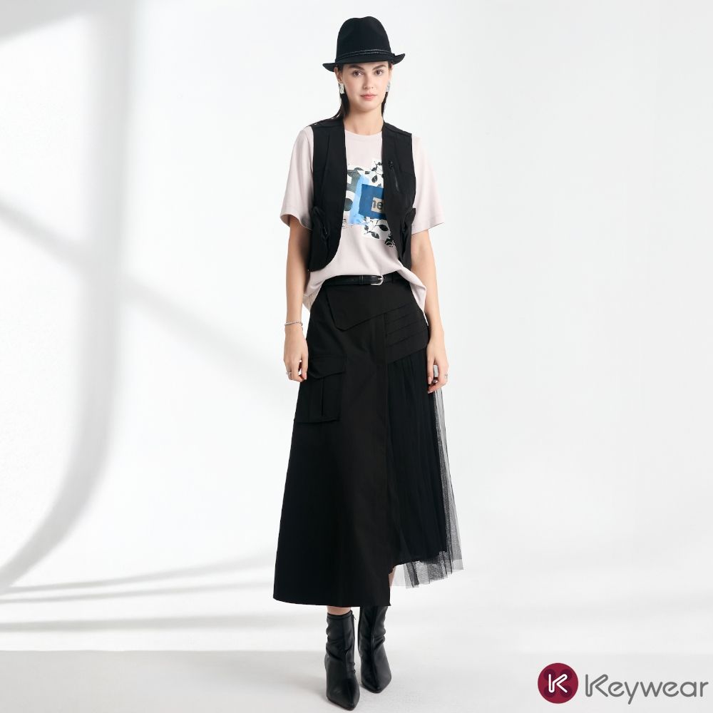 KeyWear奇威名品      異材質拼接百褶長裙-黑色