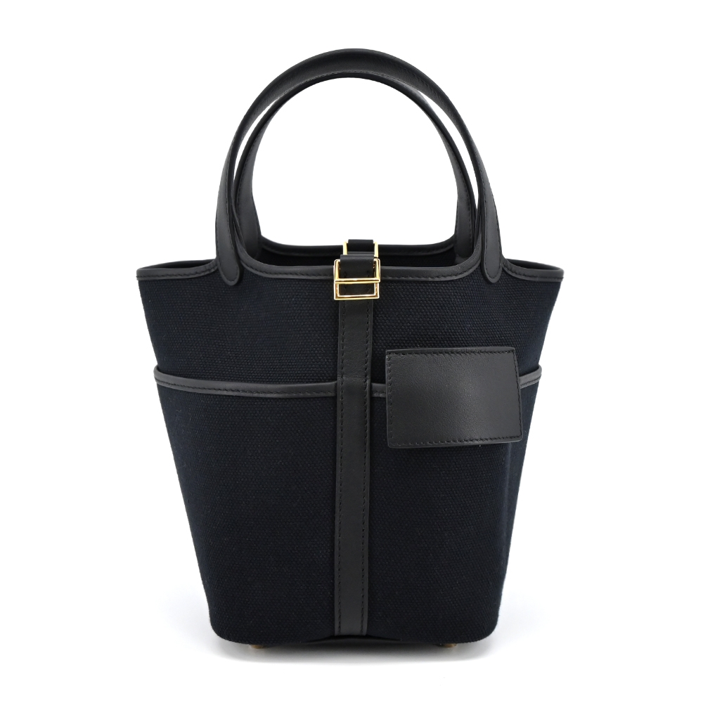 Hermes 愛馬仕 Picotin Lock 18CM B刻 帆布牛皮桶包(黑/金釦)