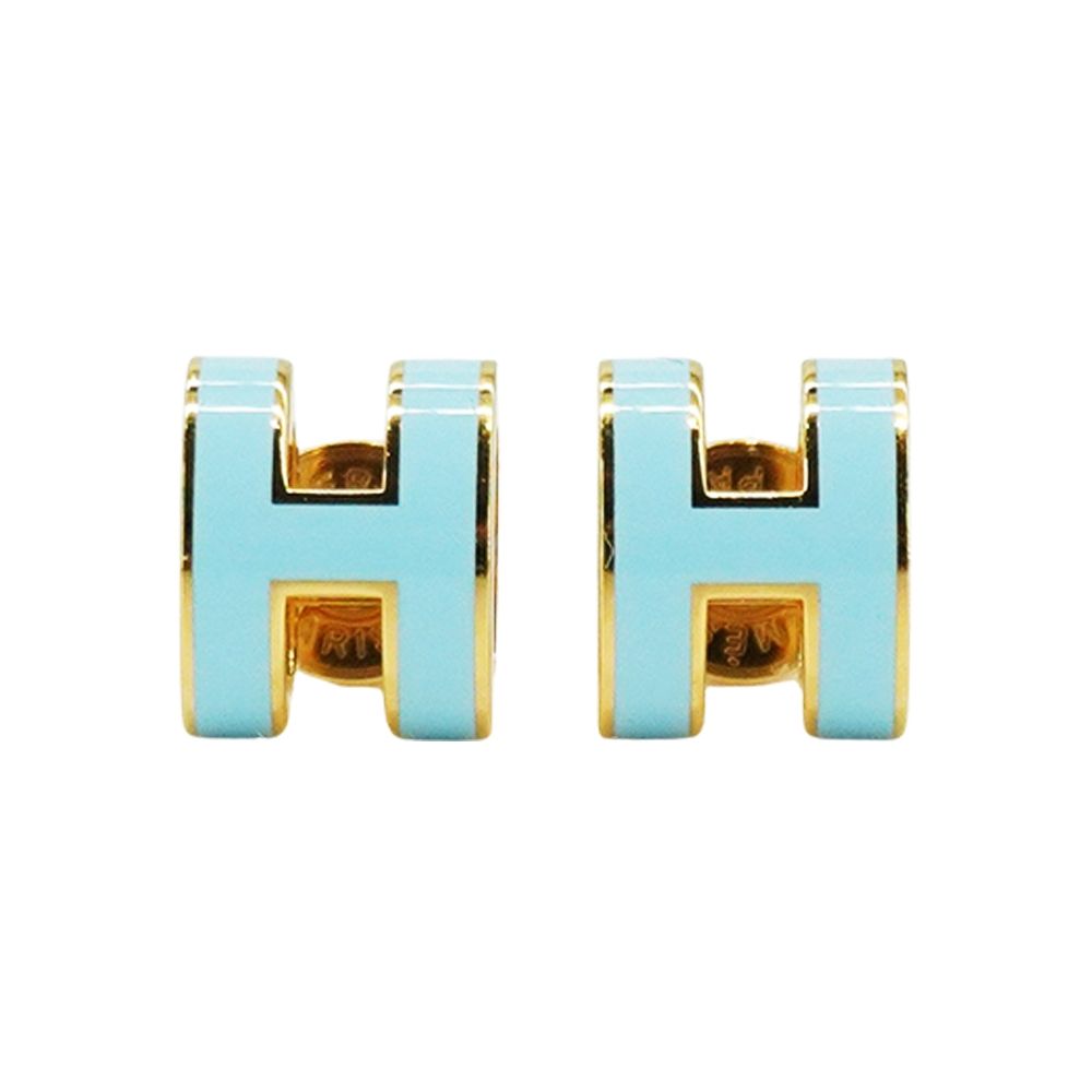 Hermes 愛馬仕 Pop H 立體簍空橢圓logo耳環-mini(暴風藍/金)