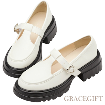 【Grace Gift】通勤步伐T字愛心扣輕量厚底瑪莉珍鞋 米白