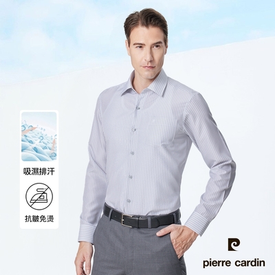 pierre cardin 皮爾卡登 男襯衫 吸濕排汗合身版免燙防皺清爽觸感條紋長袖襯衫 白底灰條(12959-92)