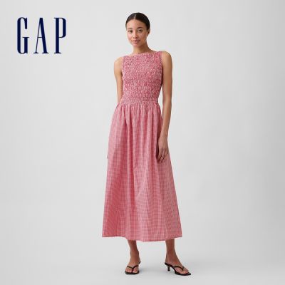 【GAP】鬆緊抽皺船領長洋裝-紅格紋(899395)