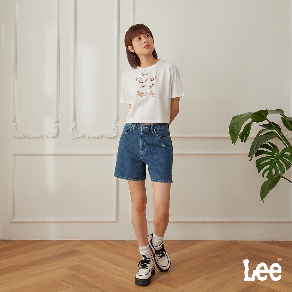 Lee 女款 牛仔短褲 中腰刷破 中藍洗水