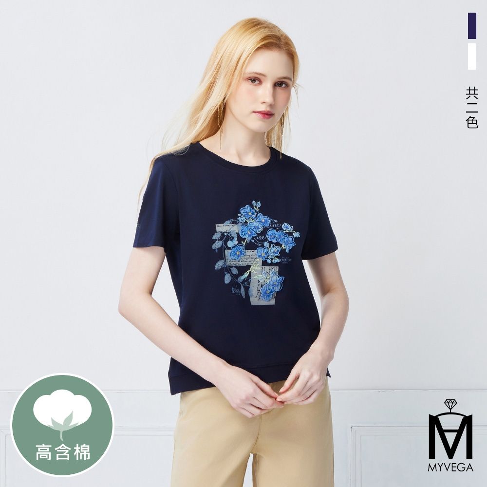 MYVEGA麥雪爾 MA高含棉花卉刺繡上衣-共二色 (深藍)