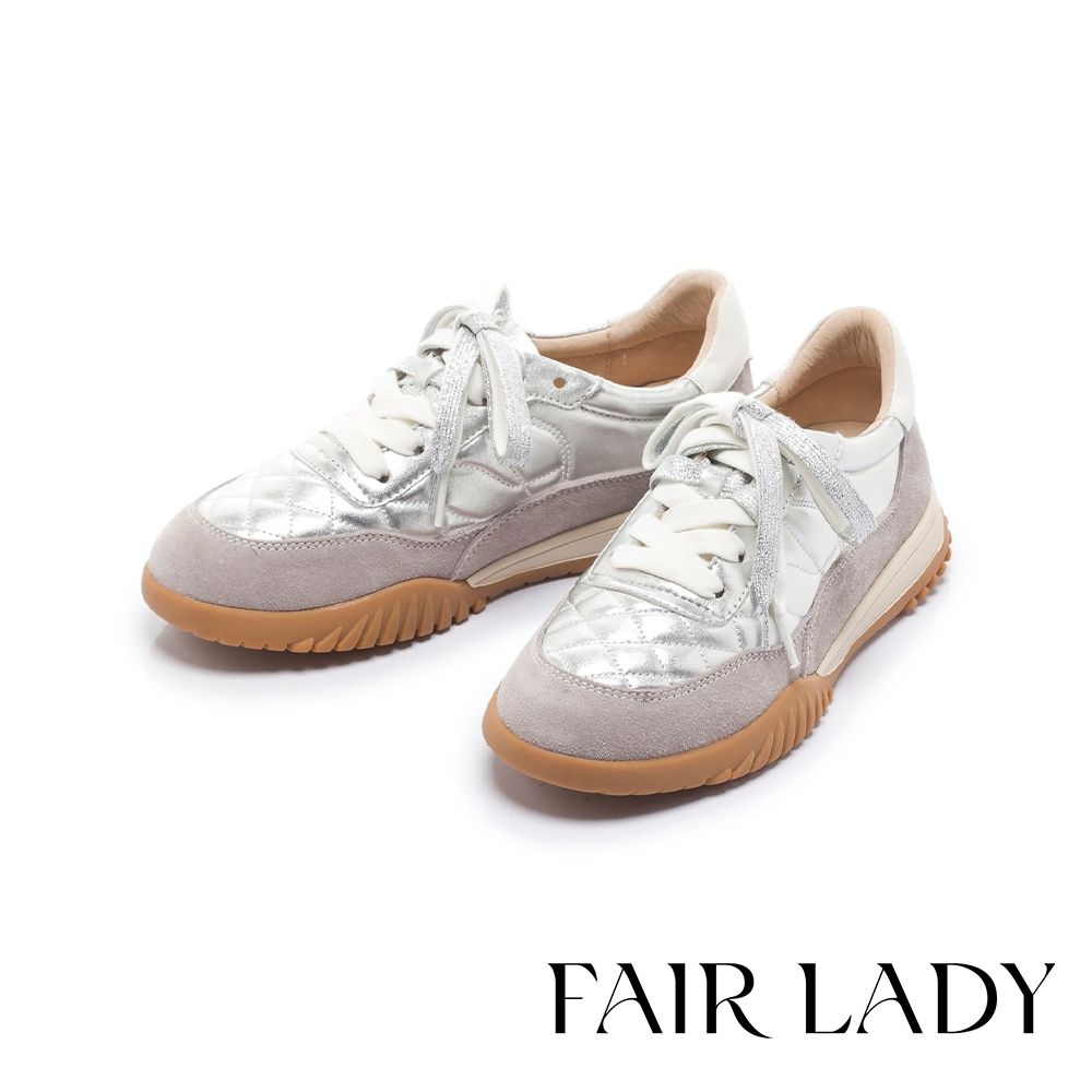 FAIR LADY 軟實力 菱格壓紋雙色綁帶休閒鞋 銀 (5M3052)
