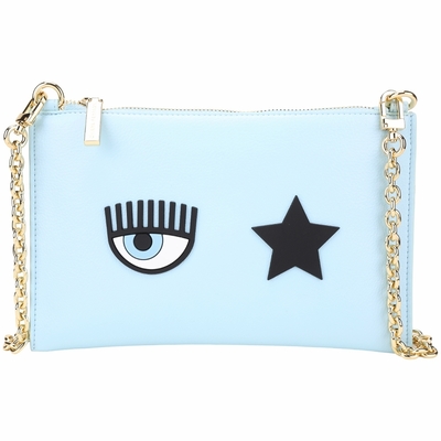 Chiara Ferragni Eye Star 矽膠眨眼星星油蠟皮革鍊帶手拿包/斜揹包(水藍色)