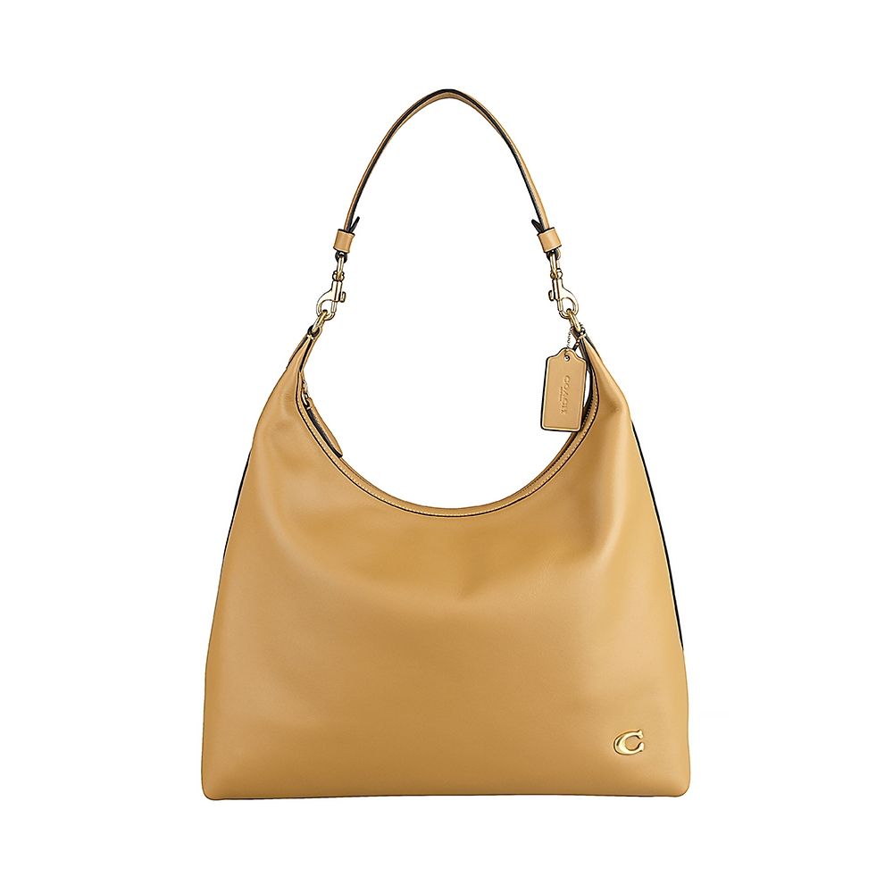 COACH Juliet 38 古銅金C字LOGO納帕小牛皮搭棉織布拉鍊手提肩背包(蜂蜜棕)