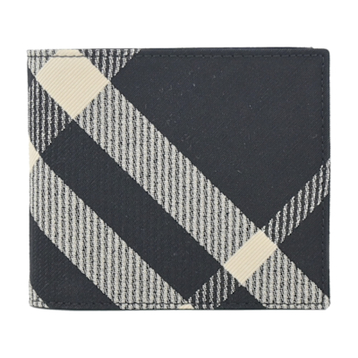 BURBERRY 新款格紋帆布8卡對開短夾(黑色/印花布)
