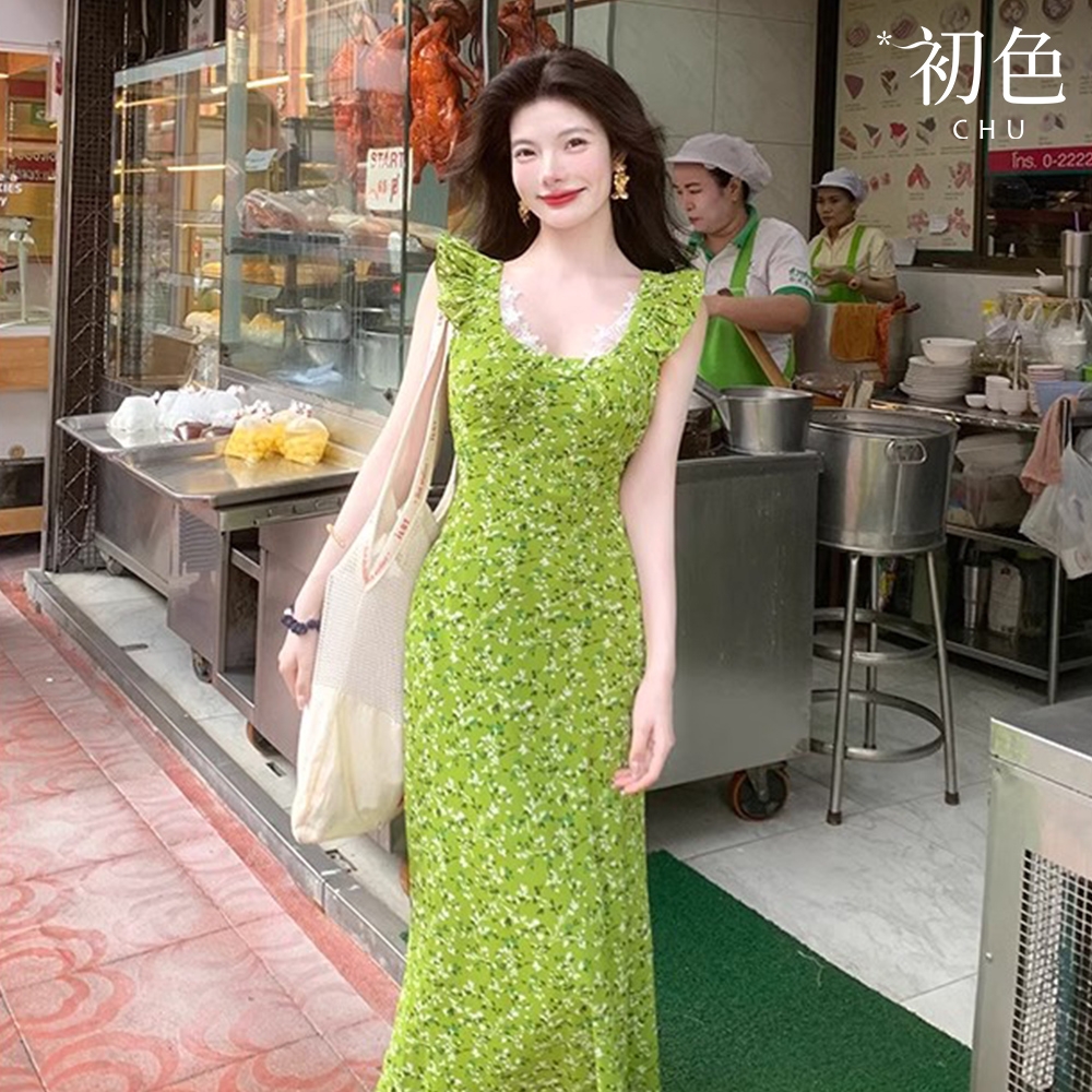 初色 碎花蕾絲吊帶修身長裙中長連衣裙連身洋裝-綠色-11237(M-XL可選)