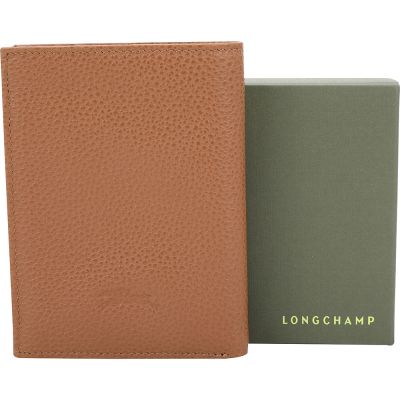 LONGCHAMP Le Foulonne logo字樣烙印荔紋牛皮直式對折短夾(焦糖棕)