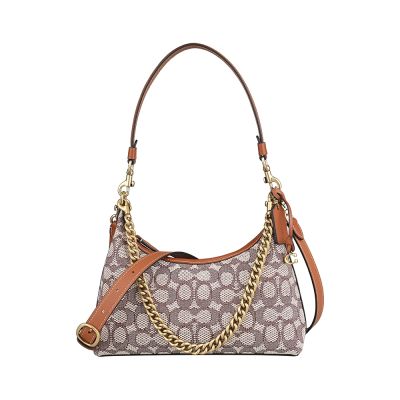 COACH JULIET 25 C字金屬LOGO緹花布拼皮革手提單肩斜背包(米白x棕)