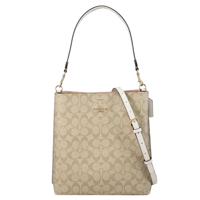 COACH MOLLIE 經典馬車LOGO印花雙層兩用水桶包(卡其/白 大)