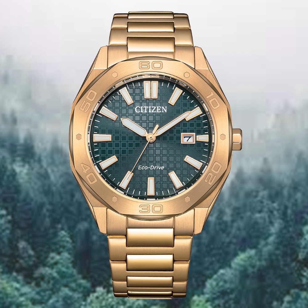 CITIZEN 星辰GENTS 光動能八角形格紋錶盤時尚男錶-金綠41mm BM7633-81X