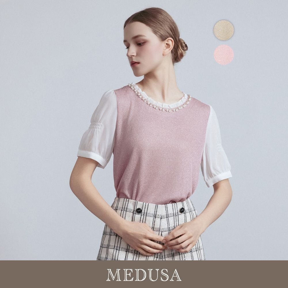 現貨【MEDUSA 曼度莎】氣質珍珠領拼接上衣 - 2色（M-2L）｜女短袖上衣 上班上衣 小香風 (粉)