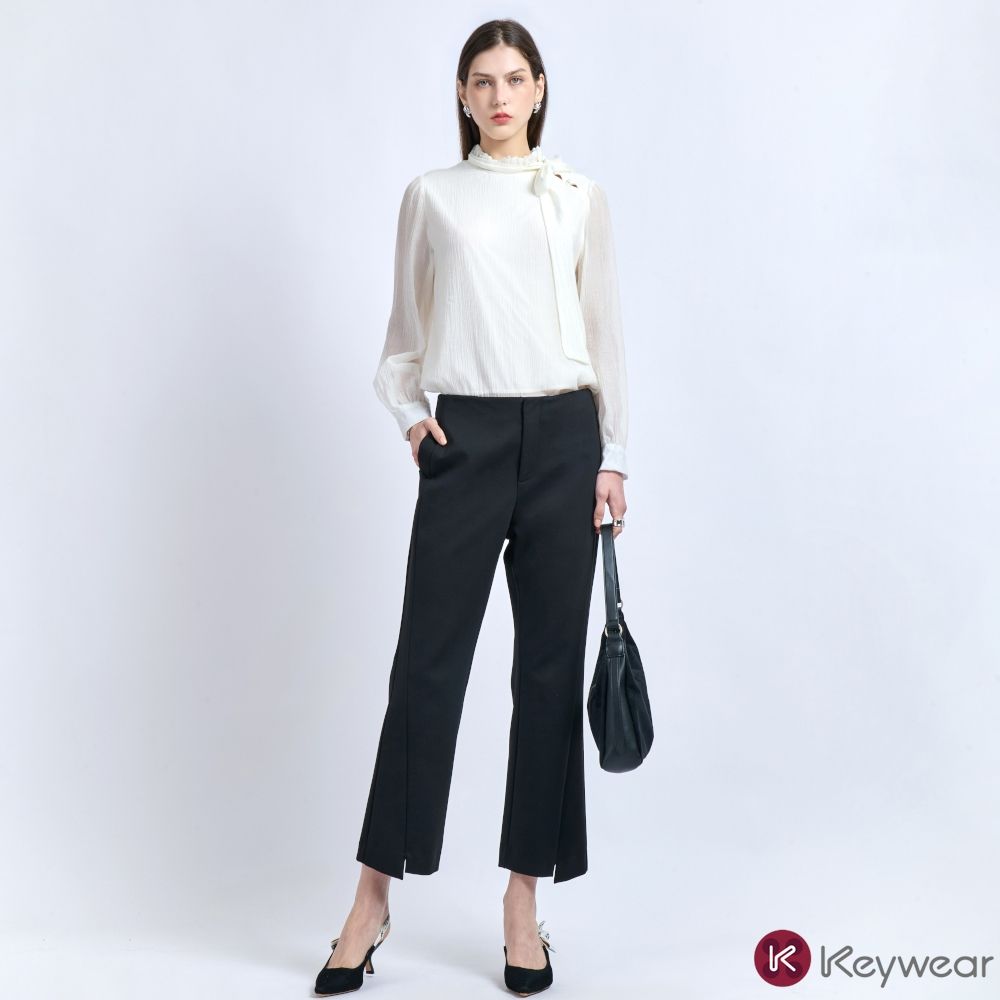 KeyWear奇威名品      開衩直筒九分褲-黑色