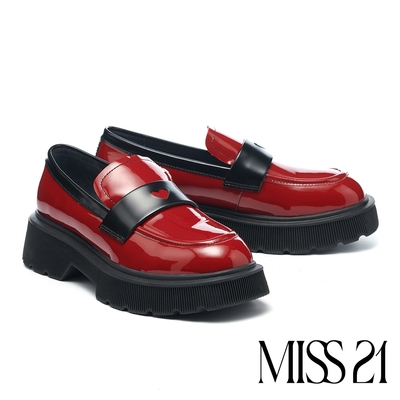 厚底鞋 MISS 21 甜酷少女瘋愛心撞色全真皮樂福厚底鞋-紅