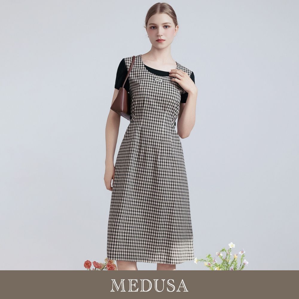 現貨【MEDUSA 曼度莎】簡約學院風格紋假兩件洋裝（M-XL）｜格紋洋裝 學院風洋裝 假兩件設計