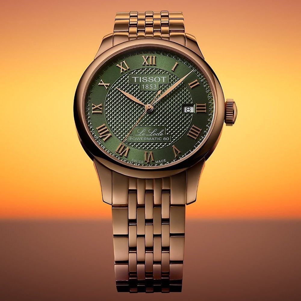 TISSOT 天梭 官方授權 T006.407.33.093.00 Le Locle 80小時動力儲存機械錶 寵爸時刻 送禮推薦-綠x玫瑰金/39.3mm T0064073309300
