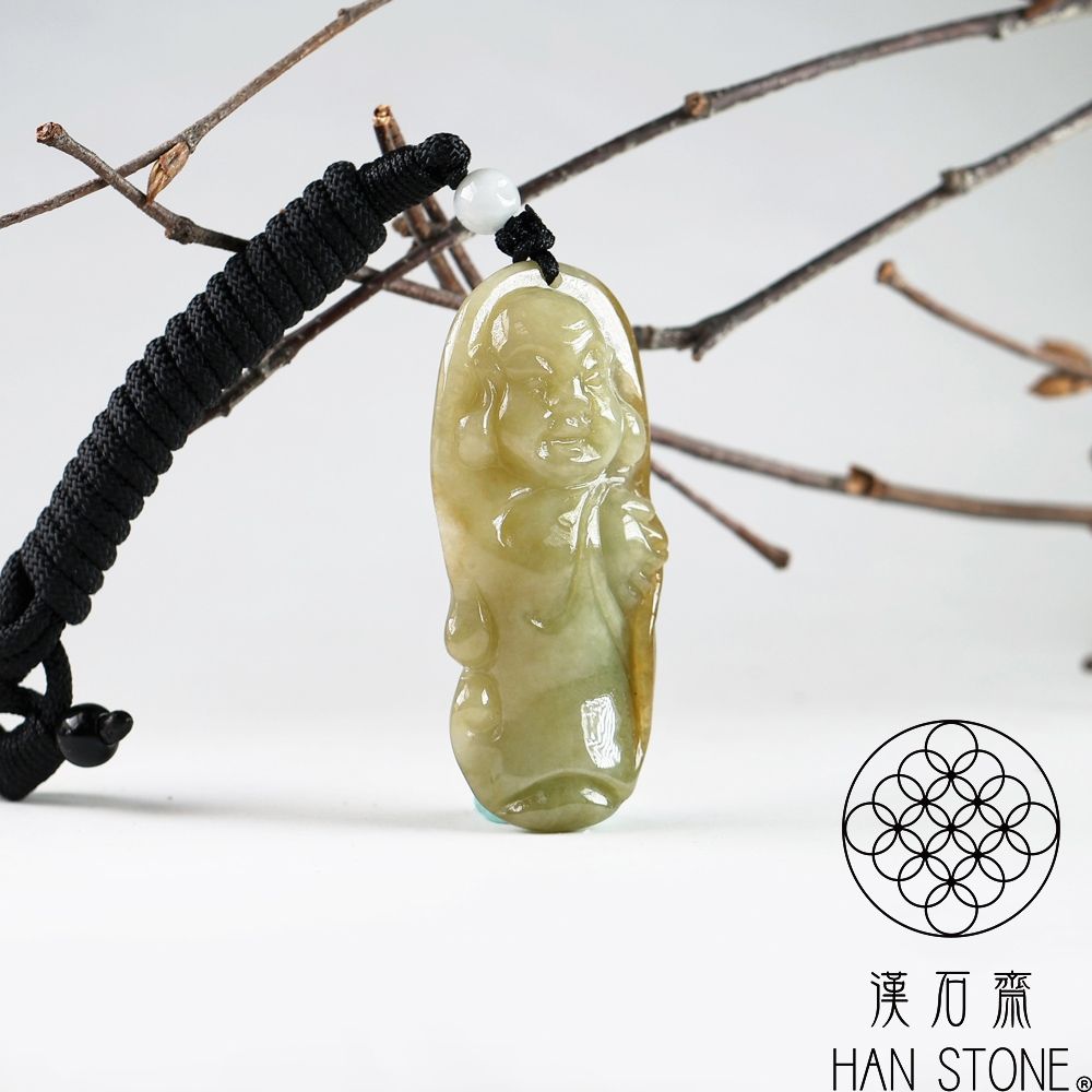 漢石齋】天然翡翠A貨彌勒佛玉佩吊墜黃翡種(23*50*10mm) | 漢石齋