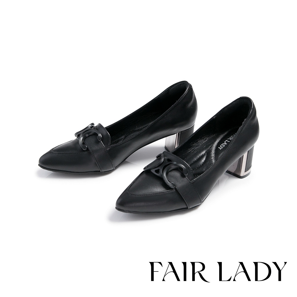 FAIR LADY 芯太軟 英倫學院風飾釦粗跟鞋 黑(6M2938)