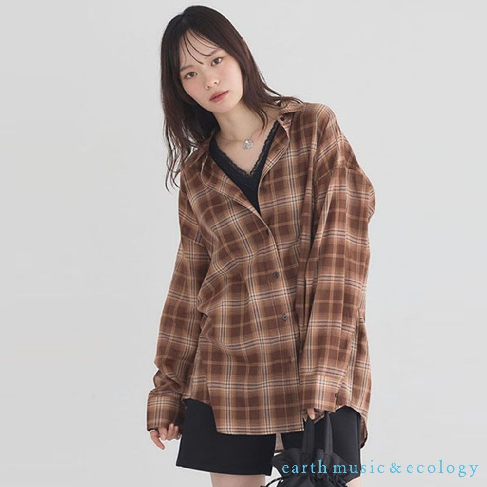 〔earth music〕格紋圖案純棉長袖襯衫