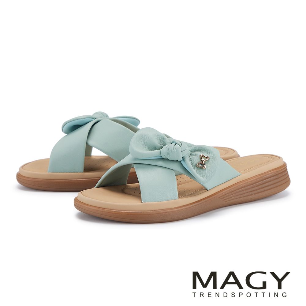 MAGY 柔軟羊皮蝴蝶結平底拖鞋 綠色