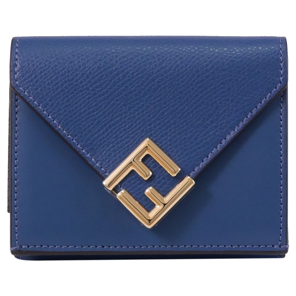 FENDI 經典金屬FF LOGO小牛皮釦式零錢小短夾(深藍)