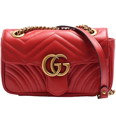【GUCCI 古馳】446744 Marmont matelasse仿舊金色雙G LOGO牛皮山字車紋壓釦肩/斜背包(紅色)