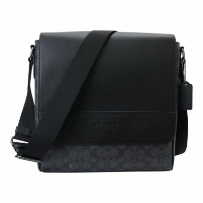 COACH 拼接皮革男款斜背郵差包(炭黑灰)中款