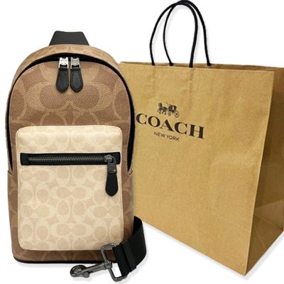 COACH 男款C LOGO胸前包/單肩斜背包附紙袋(前拉鍊-焦糖/米白)