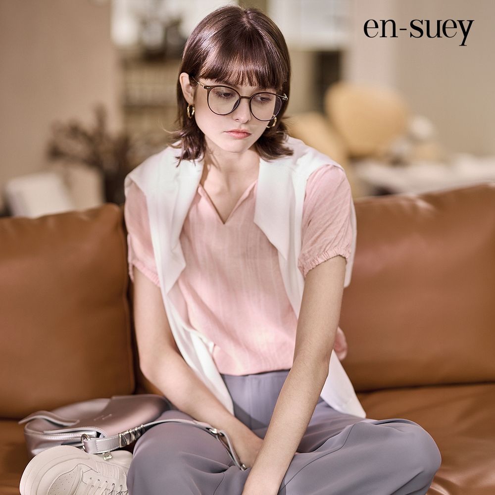 【en-suey 銀穗】EU落肩廓型感條紋上衣 (粉色)