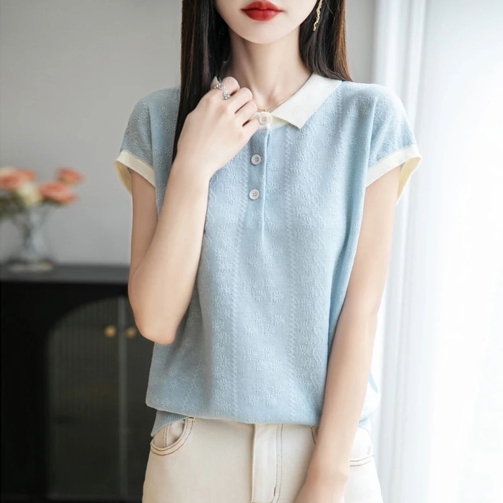 【ALLK 歐楷】新品上架 翻領配色造型上衣 4色 尺寸L-XL/中大尺碼/涼爽/透氣 (晴空藍)