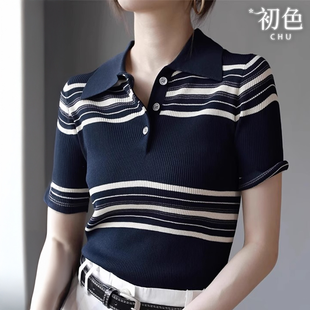初色 復古風透氣五分短袖拼色條紋POLO領門襟釦針織襯衫上衣女上衣-共2色-12849(F可選)