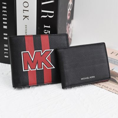 MICHAEL KORS COOPER大MK牛皮附活動夾對開短夾(黑/紅-全新福利品)
