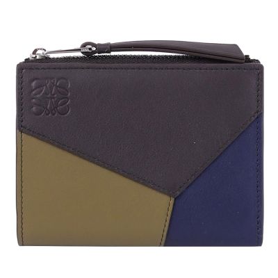LOEWE PUZZLE 壓印LOGO撞色牛皮對開釦式零錢短夾(綠/藍)