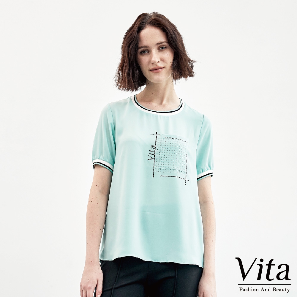 【Vita】圓領小口袋鑲亮鑽涼感不易皺上衣-淺綠