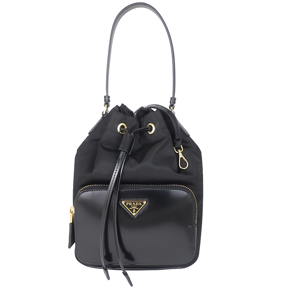 PRADA 黑色尼龍亮皮金三角牌小型手提/水桶包