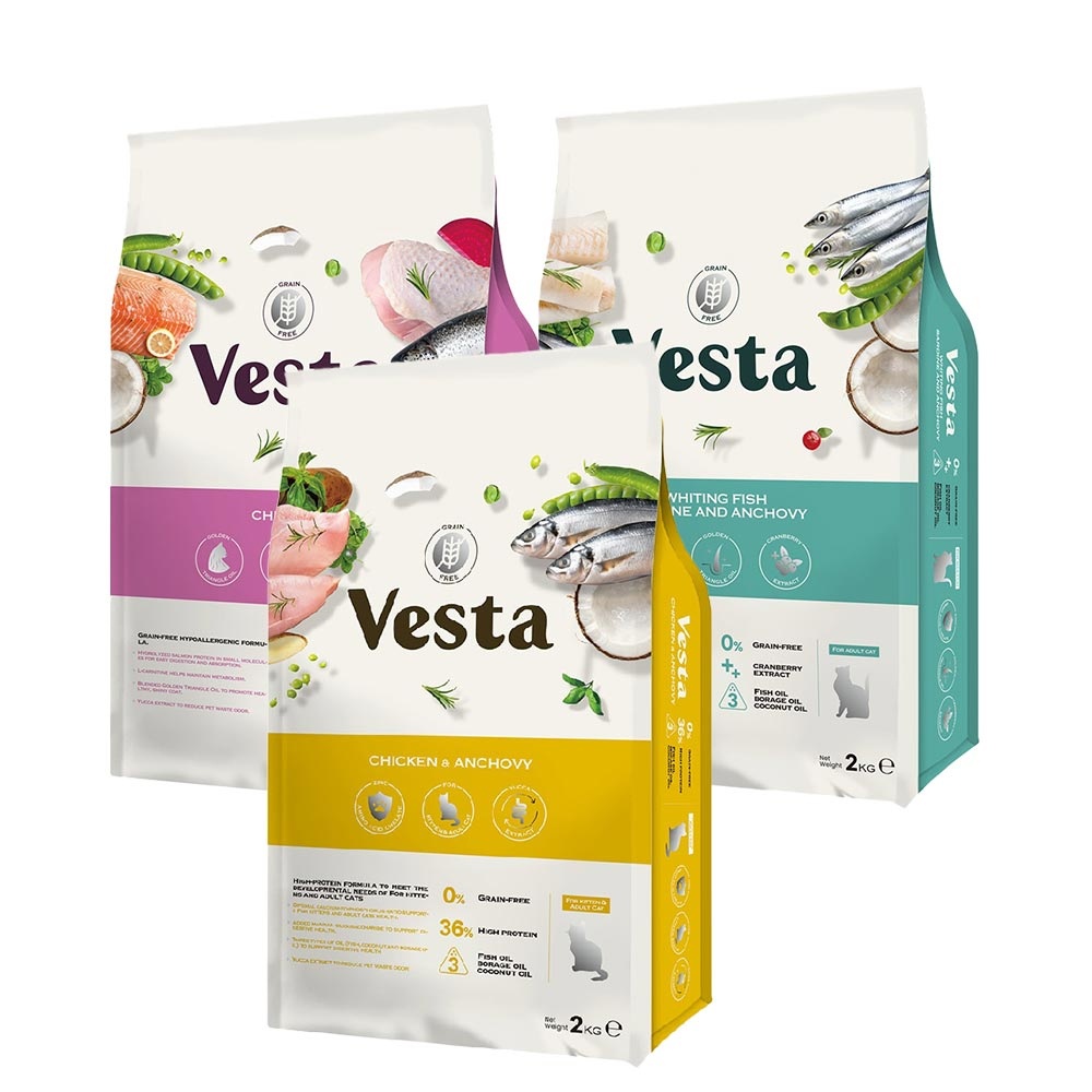 Vesta 維斯塔 無穀皮毛保健配方 2kg 貓飼料 成幼貓雞肉+鯷魚/成貓三種魚/熟齡貓雞肉