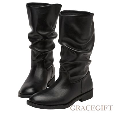 【Grace Gift】美腿神器小V口堆堆中筒海盜靴 黑