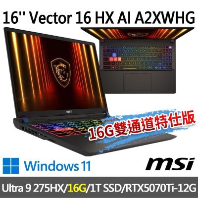 (送500G行動碟)MSI微星 Vector 16 HX AI A2XWHG-477TW 16吋(Ultra 9 275HX/16G/1T SSD/RTX5070Ti/W11-16G雙通道特仕版)