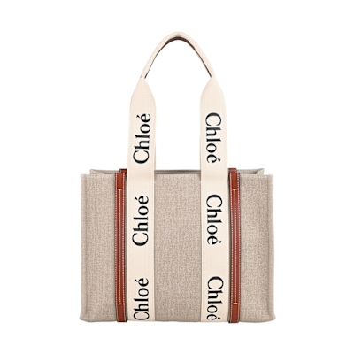 Chloé Woody經典印花LOGO條紋亞麻帆布搭牛皮開口式手提肩背托特包(中/白x棕)