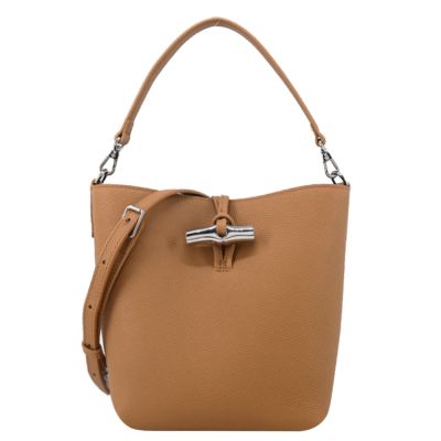 LONGCHAMP LE ROSEAU系列金屬竹節粒面牛皮兩用水桶包(迷你/胡桃棕)