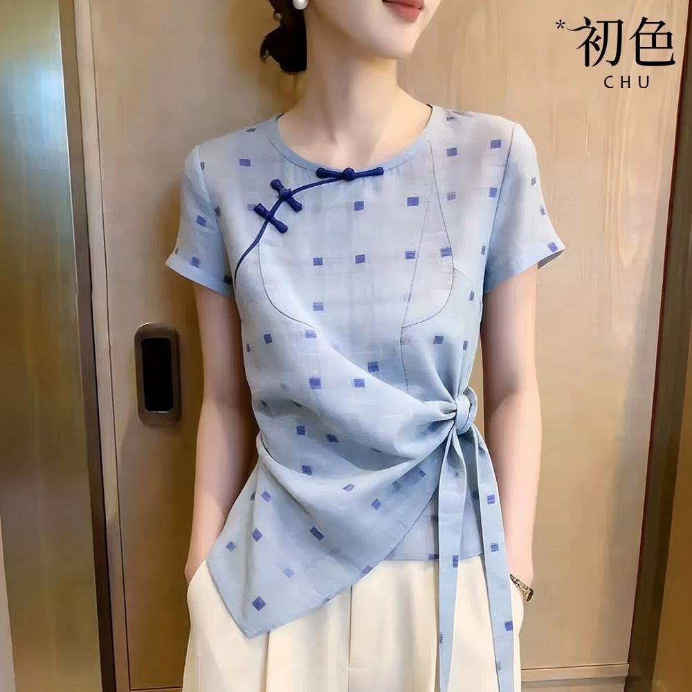 初色 中式圓領盤扣印花綁帶不規則下擺短袖上衣女上衣-藍色-52554(M-XL可選)
