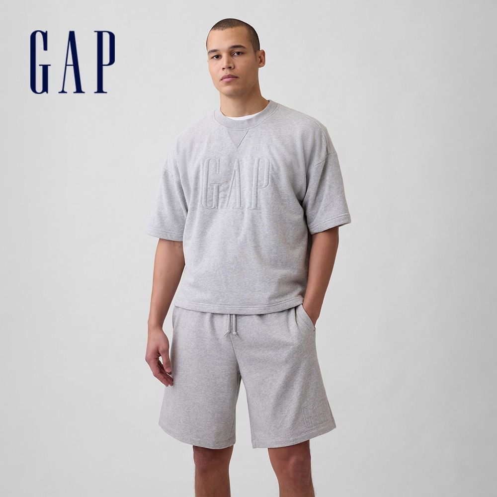 【GAP】VintageSoft 毛圈布寬版 Logo 大學T -淺麻灰/褪紅色/仿水洗藍/無月黑(898684) (淺麻灰)