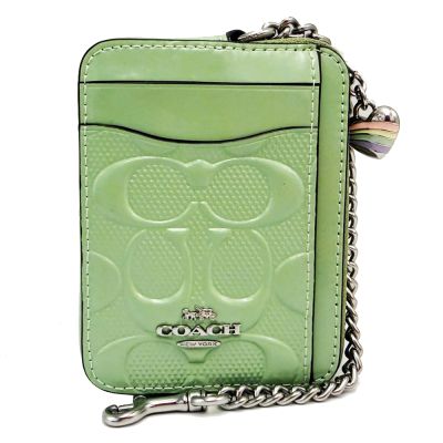 COACH 經典C LOGO證件卡夾層鏈帶零錢包(漆皮-氣泡綠)
