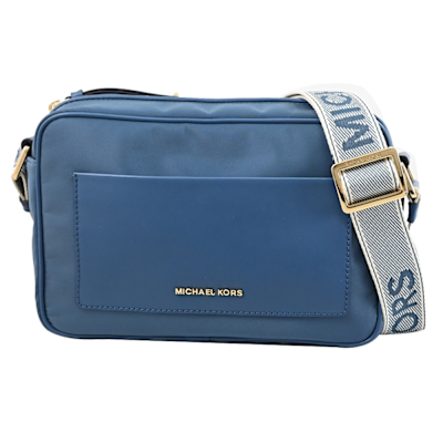 MICHAEL KORS JET SET 金屬LOGO尼龍寬背帶斜背包(藍色)